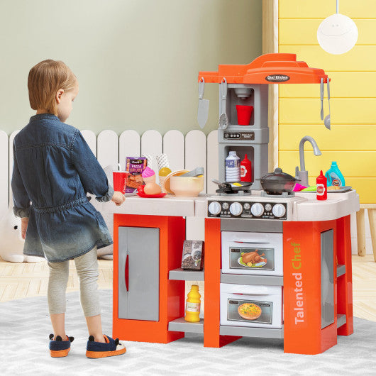 67 Pieces Play Kitchen Set for Kids with Food and Realistic Lights and Sounds-Orange
