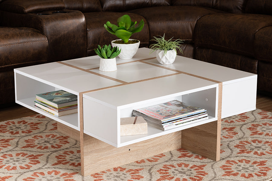 Baxton Studio Rasa Modern and Contemporary Two-Tone White and Oak Finished Wood Coffee Table