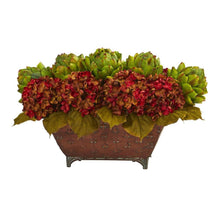 Load image into Gallery viewer, Hydrangea &amp; Artichokes Artificial Arrangement in Metal Planter
