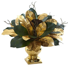 Load image into Gallery viewer, 18" Magnolia Leaf Artificial Arrangement in Gold Planter
