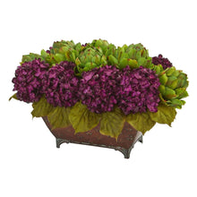 Load image into Gallery viewer, Hydrangea &amp; Artichokes Artificial Arrangement in Metal Planter
