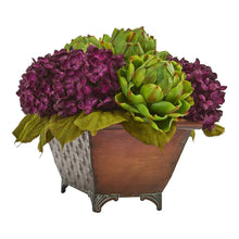 Load image into Gallery viewer, Hydrangea &amp; Artichokes Artificial Arrangement in Metal Planter
