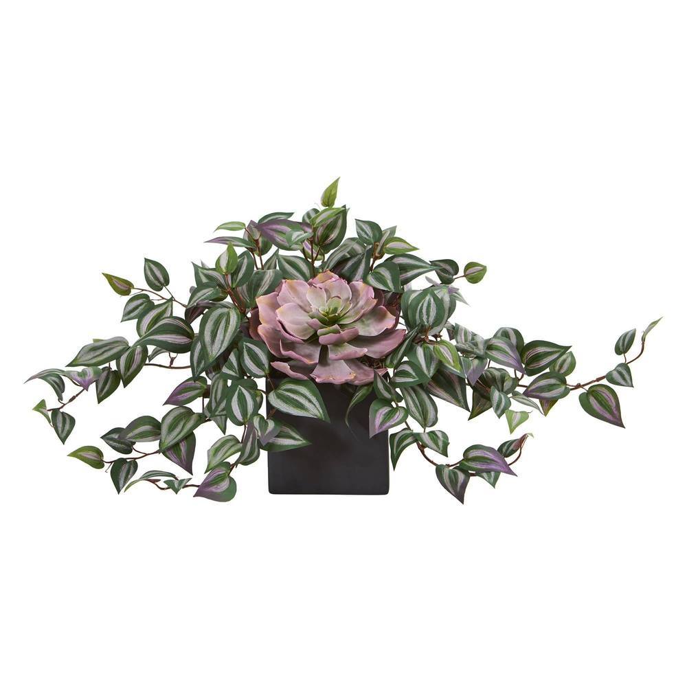 Echeveria and Wandering Jew Artificial Plant in Black Vase