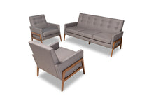 Load image into Gallery viewer, Baxton Studio Perris Mid-Century Modern Light Grey Fabric Upholstered Walnut Finished Wood 3-Piece Living Room Set
