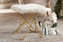Load image into Gallery viewer, Baxton Studio Valle Glam and Luxe White Faux Fur Upholstered Gold Finished Metal Ottoman
