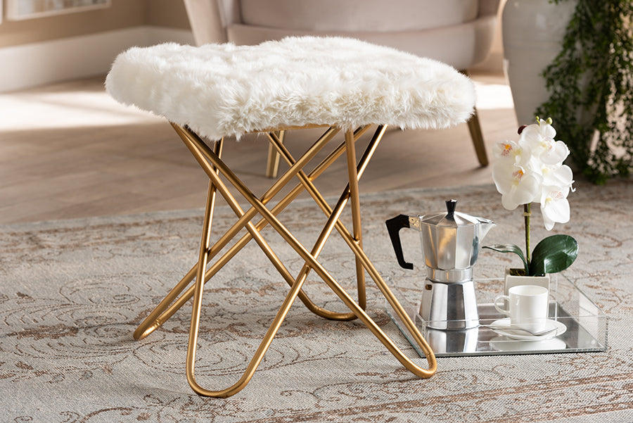 Baxton Studio Valle Glam and Luxe White Faux Fur Upholstered Gold Finished Metal Ottoman