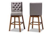 Load image into Gallery viewer, Baxton Studio Gregory Modern Transitional Grey Fabric Upholstered and Walnut Brown Finished Wood 2-Piece Swivel Bar Stool Set Set
