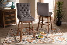 Load image into Gallery viewer, Baxton Studio Gregory Modern Transitional Grey Fabric Upholstered and Walnut Brown Finished Wood 2-Piece Swivel Bar Stool Set Set
