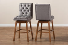 Load image into Gallery viewer, Baxton Studio Gregory Modern Transitional Grey Fabric Upholstered and Walnut Brown Finished Wood 2-Piece Swivel Bar Stool Set Set
