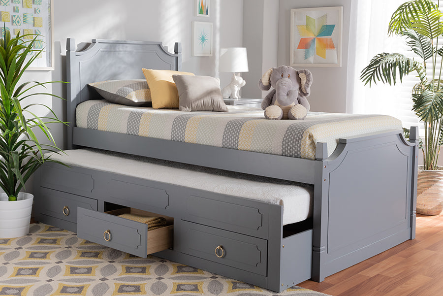 Baxton Studio Mariana Traditional Transitional Grey Finished Wood Twin Size 3-Drawer Storage Bed with Pull-Out Trundle Bed