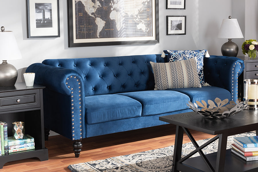 Baxton Studio Emma Traditional and Transitional Navy Blue Velvet Fabric Upholstered and Button Tufted Chesterfield Sofa