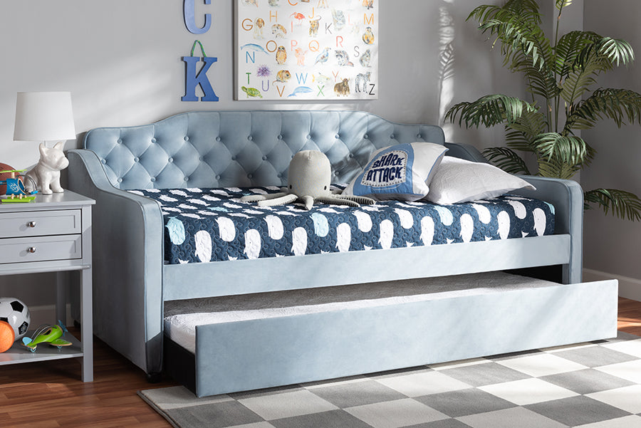 Baxton Studio Freda Traditional and Transitional Light Blue Velvet Fabric Upholstered and Button Tufted Twin Size Daybed with Trundle