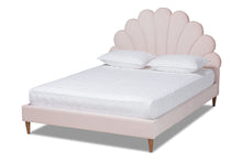 Load image into Gallery viewer, Baxton Studio Odille Modern Glam Light Pink Velvet Upholstered Walnut Brown Finished Wood Queen Size Seashell Shaped Platform Bed
