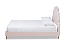 Load image into Gallery viewer, Baxton Studio Odille Modern Glam Light Pink Velvet Upholstered Walnut Brown Finished Wood Queen Size Seashell Shaped Platform Bed
