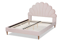 Load image into Gallery viewer, Baxton Studio Odille Modern Glam Light Pink Velvet Upholstered Walnut Brown Finished Wood Queen Size Seashell Shaped Platform Bed
