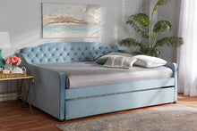 Load image into Gallery viewer, Baxton Studio Freda Transitional and Contemporary Light Blue Velvet Fabric Upholstered and Button Tufted Full Size Daybed with Trundle
