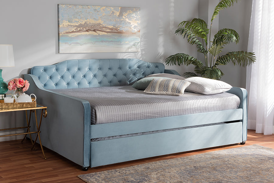 Baxton Studio Freda Transitional and Contemporary Light Blue Velvet Fabric Upholstered and Button Tufted Full Size Daybed with Trundle