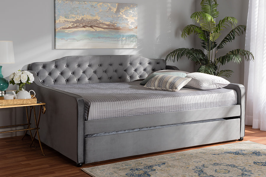 Baxton Studio Freda Transitional and Contemporary Grey Velvet Fabric Upholstered and Button Tufted Full Size Daybed with Trundle