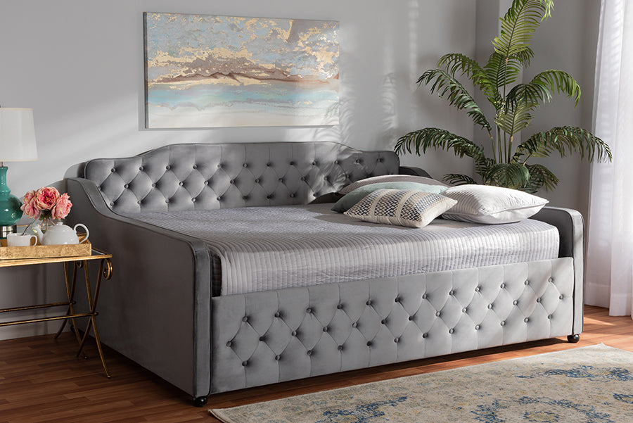 Baxton Studio Freda Transitional and Contemporary Grey Velvet Fabric Upholstered and Button Tufted Full Size Daybed