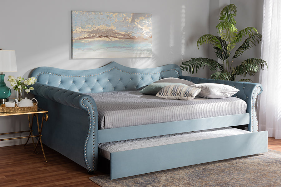 Baxton Studio Abbie Traditional and Transitional Light Blue Velvet Fabric Upholstered and Crystal Tufted Queen Size Daybed with Trundle