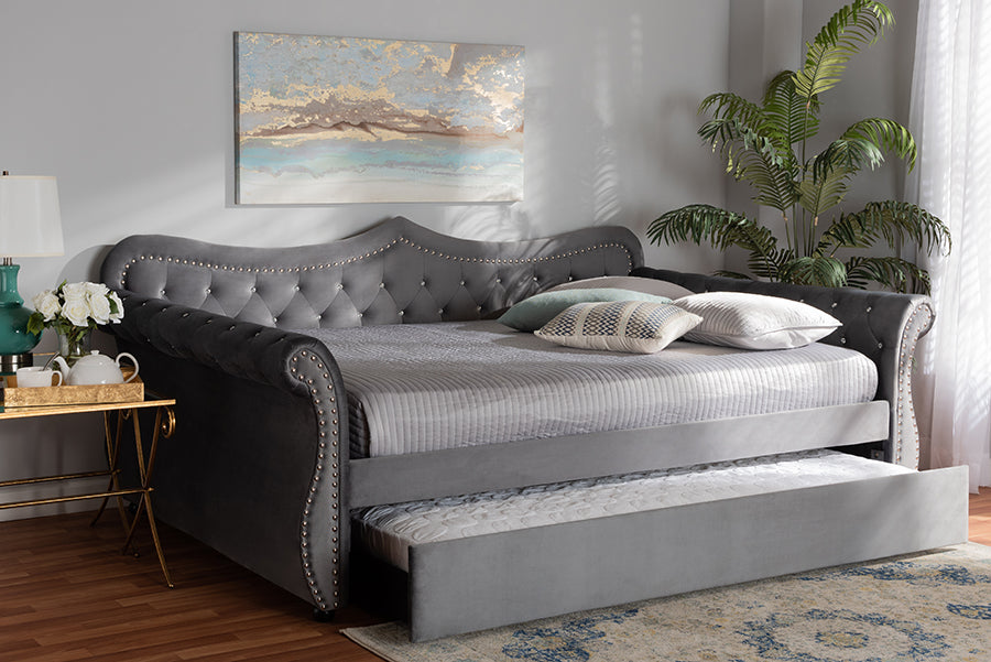 Baxton Studio Abbie Traditional and Transitional Grey Velvet Fabric Upholstered and Crystal Tufted Queen Size Daybed with Trundle