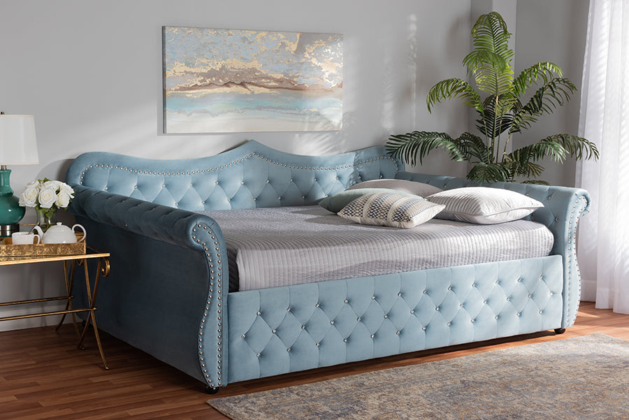 Baxton Studio Abbie Traditional and Transitional Light Blue Velvet Fabric Upholstered and Crystal Tufted Queen Size Daybed