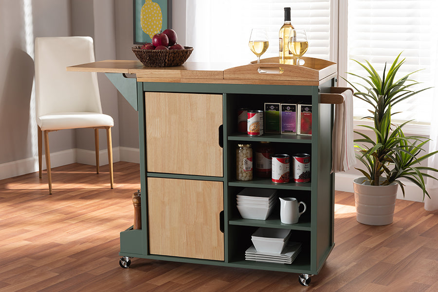 Baxton Studio Dorthy Coastal and Farmhouse Two-tone Dark Green and Natural Wood Kitchen Storage Cart