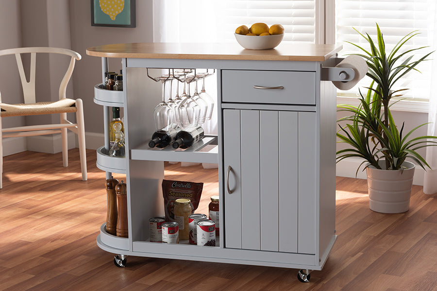 Baxton Studio Donnie Coastal and Farmhouse Two-Tone Light Grey and Natural Finished Wood Kitchen Storage Cart