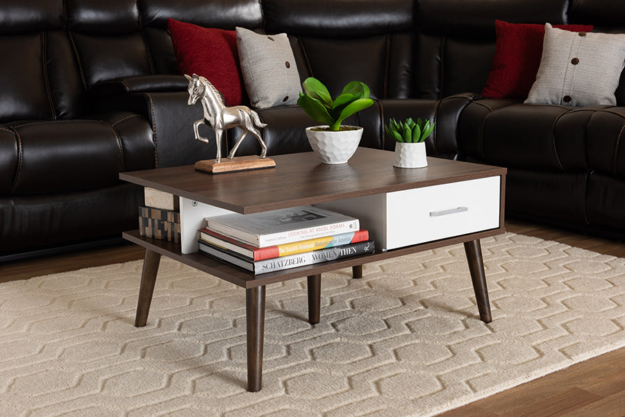 Baxton Studio Merlin Mid-Century Modern Two-Tone Walnut and White Finished 2-Drawer Wood Coffee Table