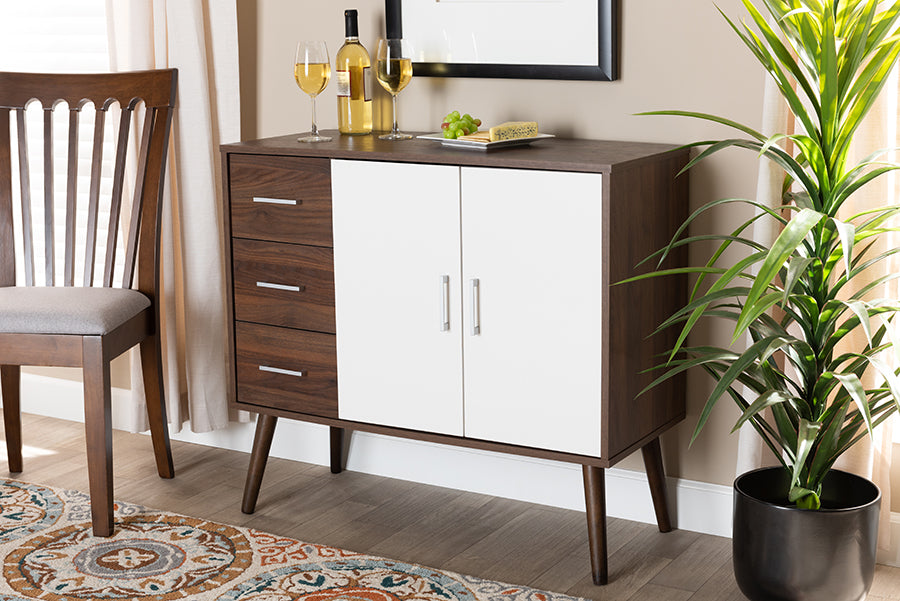 Baxton Studio Leena Mid-Century Modern Two-Tone White and Walnut Brown Finished Wood 3-Drawer Sideboard Buffet
