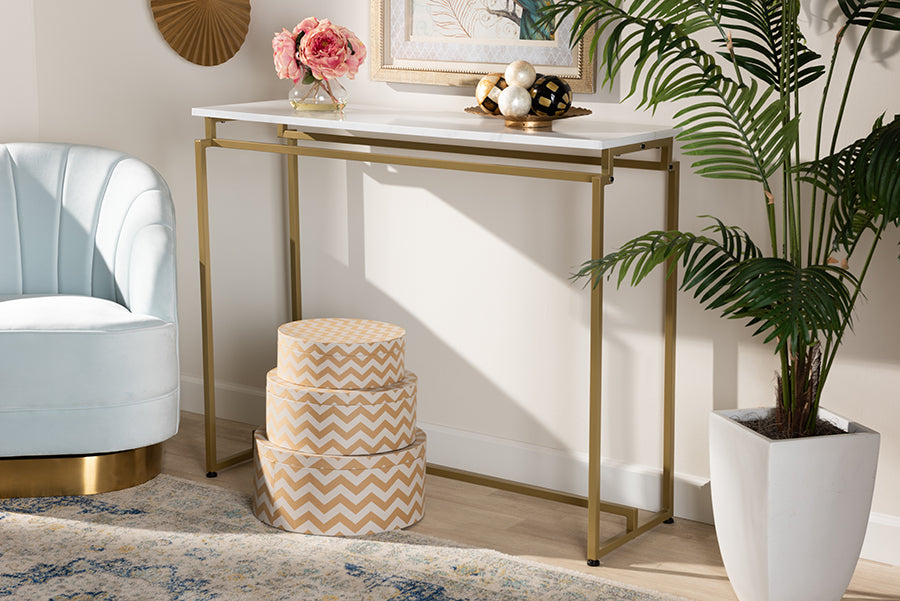 Baxton Studio Renzo Modern and Contemporary Brushed Gold Finished Metal Console Table with Faux Marble Tabletop