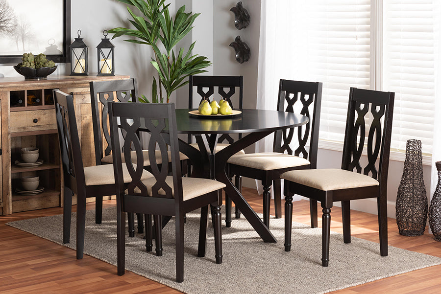 Baxton Studio Callie Modern and Contemporary Sand Fabric Upholstered and Dark Brown Finished Wood 7-Piece Dining Set