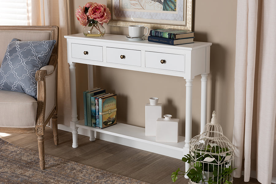 Baxton Studio Calvin Classic and Traditional French Farmhouse White Finished Wood 3-Drawer Entryway Console Table