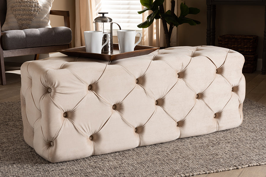 Baxton Studio Jasmine Modern Contemporary Glam and Luxe Beige Velvet Fabric Upholstered Button Tufted Bench Ottoman