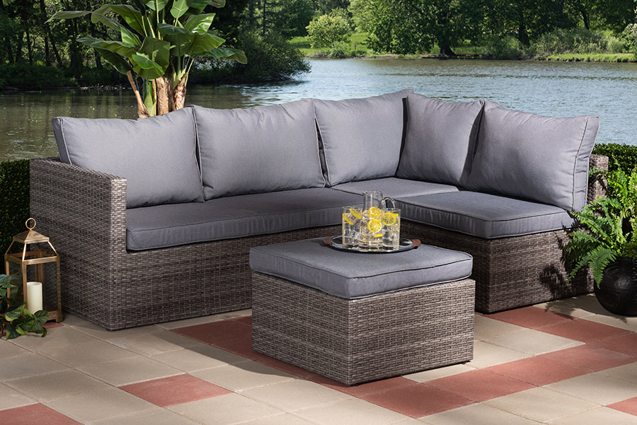 Baxton Studio Pamela Modern and Contemporary Grey Polyester Upholstered and Brown Finished 4-Piece Woven Rattan Outdoor Patio Set