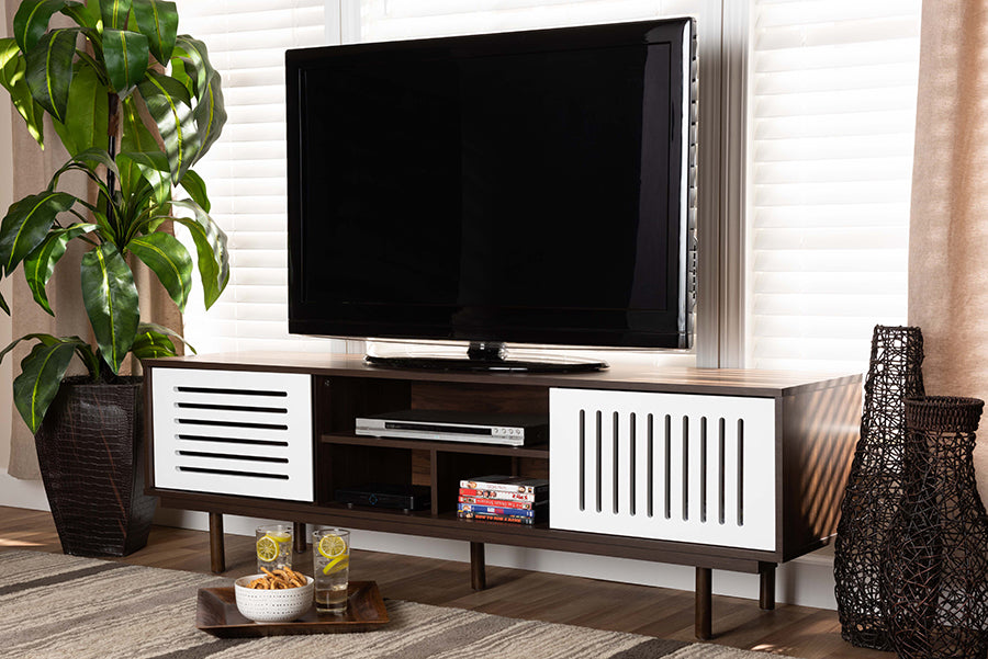 Baxton Studio Meike Mid-Century Modern Two-Tone Walnut Brown and White Finished Wood TV Stand