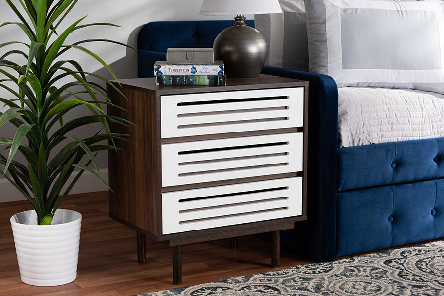 Baxton Studio Meike Mid-Century Modern Two-Tone Walnut Brown and White Finished Wood 3-Drawer Nightstand