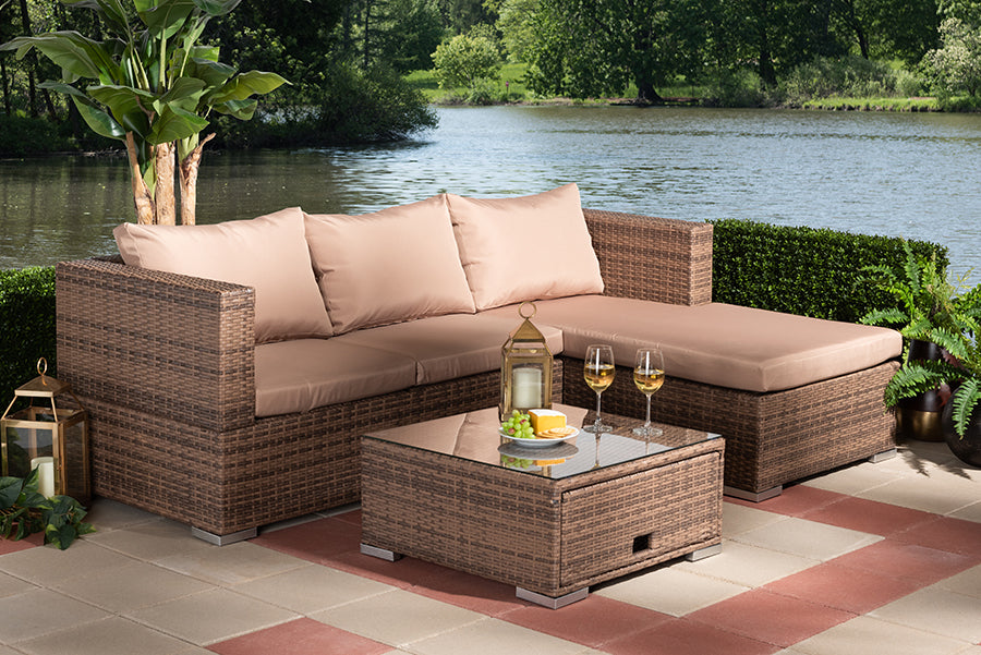Baxton Studio Addison Modern and Contemporary Light Brown Upholstered and Brown Finished 3-Piece Woven Rattan Outdoor Patio Set with Adjustable Recliner