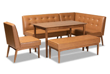 Load image into Gallery viewer, Baxton Studio Arvid Mid-Century Modern Tan Faux Leather Upholstered and Walnut Brown Finished Wood 5-Piece Dining Nook Set
