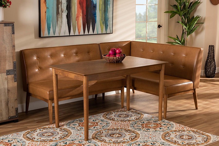 Baxton Studio Arvid Mid-Century Modern Tan Faux Leather Upholstered and Walnut Brown Finished Wood 3-Piece Dining Nook Set