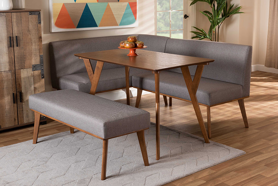 Baxton Studio Odessa Mid-Century Modern Grey Fabric Upholstered and Walnut Brown Finished Wood 4-Piece Dining Nook Set