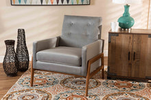 Load image into Gallery viewer, Baxton Studio Perris Mid-Century Modern Grey Velvet Fabric Upholstered and Walnut Brown Finished Wood Lounge Chair
