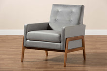 Load image into Gallery viewer, Baxton Studio Perris Mid-Century Modern Grey Velvet Fabric Upholstered and Walnut Brown Finished Wood Lounge Chair
