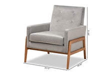 Load image into Gallery viewer, Baxton Studio Perris Mid-Century Modern Grey Velvet Fabric Upholstered and Walnut Brown Finished Wood Lounge Chair

