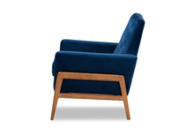 Load image into Gallery viewer, Baxton Studio Perris Mid-Century Modern Navy Blue Velvet Fabric Upholstered and Walnut Brown Finished Wood Lounge Chair
