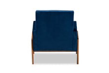 Load image into Gallery viewer, Baxton Studio Perris Mid-Century Modern Navy Blue Velvet Fabric Upholstered and Walnut Brown Finished Wood Lounge Chair
