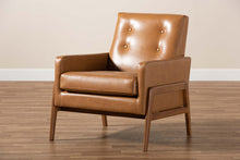 Load image into Gallery viewer, Baxton Studio Perris Mid-Century Modern Tan Faux Leather Upholstered and Walnut Brown Finished Wood Lounge Chair

