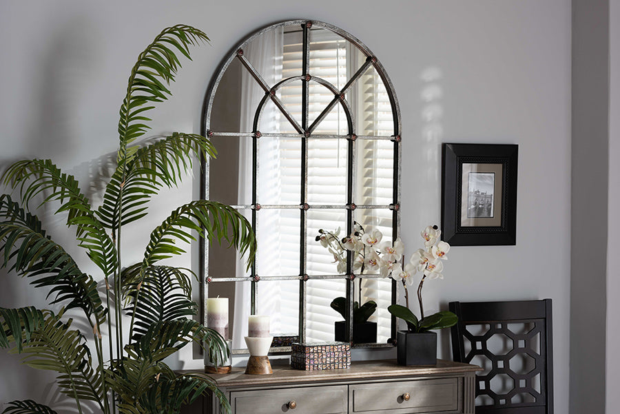 Baxton Studio Newman Vintage Farmhouse Antique Silver Finished Arched Window Accent Wall Mirror