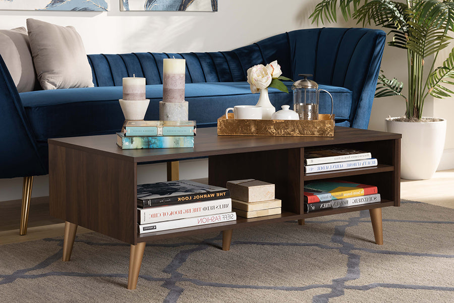 Baxton Studio Landen Mid-Century Modern Walnut Brown and Gold Finished Wood Coffee Table