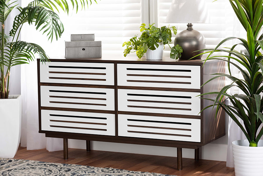Baxton Studio Meike Mid-Century Modern Two-Tone Walnut Brown and White Finished Wood 6-Drawer Dresser